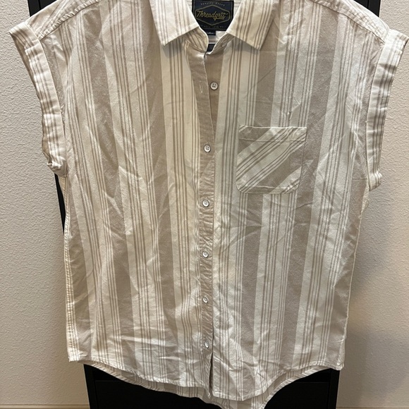 Threadgrit Button down top Tan & Cream stripe Size Small - Picture 1 of 7
